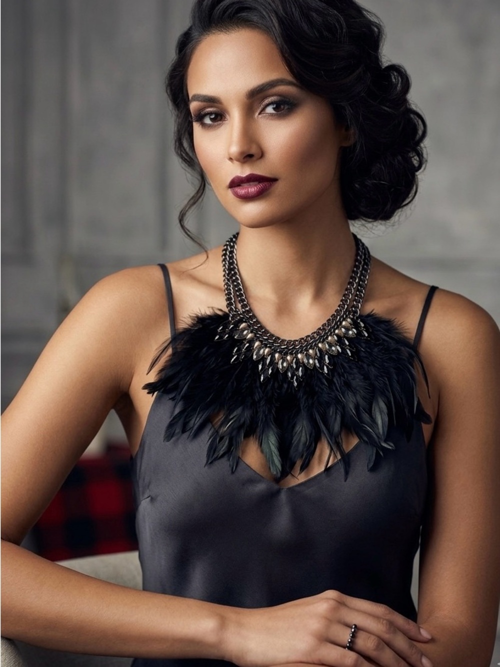 Dramatic Black Feather Statement Necklace with Metallic Accents